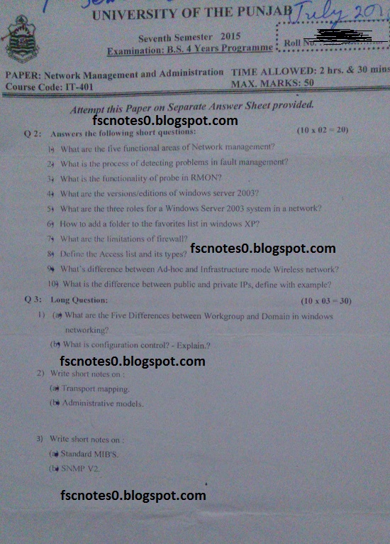 BS (Hons) IT Information Technology Past Papers Semester 7 Network Management & Administration