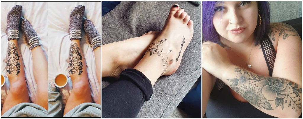 1. floral tattoo on beths left leg 2. an ankle bracelet tattoo and the words small and tasteful written on her foot 3. A floral forearm tattoo