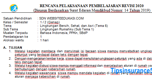 RPP Kelas 1 Tema 6 Revisi 2020 Format 1 Lembar