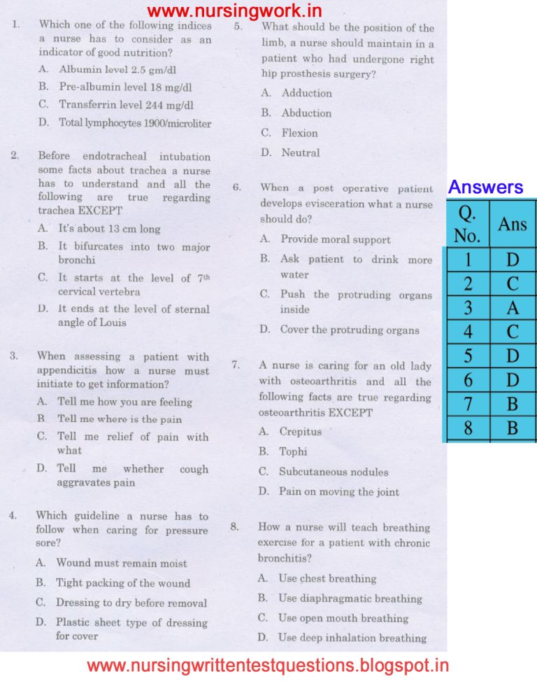 NURSING WRITTEN TEST SAMPLE QUESTIONS