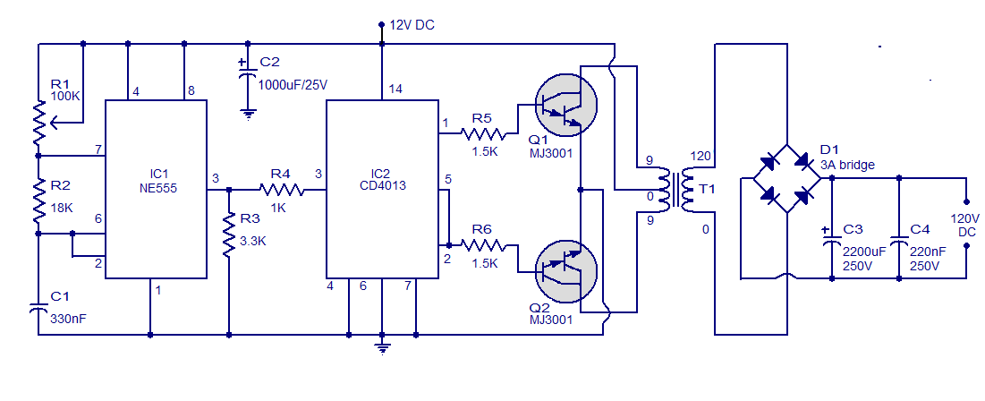 Schematic & Wiring Diagram: Simple Circuit 12V to 120V DC DC Converter