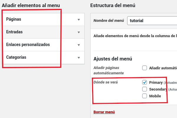 Opciones disponibles para los menús de WordPress