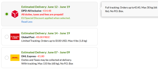 iHerb DPD postitoimitus aina 145 euroon ja 30 kg asti. Ei toimitusta Poste Restante osoitteisiin iHerb DPD postitoimitus aina 145 euroon ja 30 kg asti. Kaikki viranomaismaksut ovat mukana postimaksuissa.