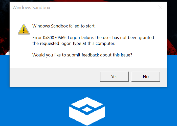 Windows Sandbox no pudo iniciarse 0x80070569