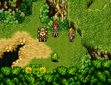 Crono, Robo, and Ayla battle a frog in the Hunting Range of 65,000,000 BC