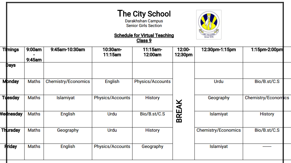 Official Blog for Girls Section Virtual Class timetable for Class 9