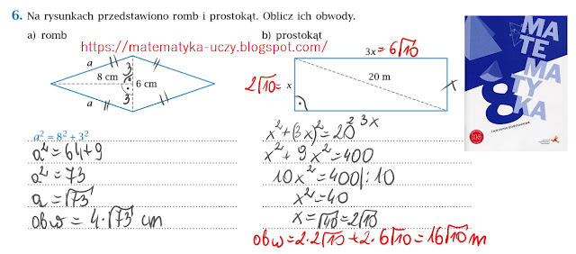 ćw. 4, 5 i 6 str. 37 "Matematyka z plusem 8" - zastosowanie Twierdzenie Pitagorasa (zeszyt ćwiczeń podstawowych)