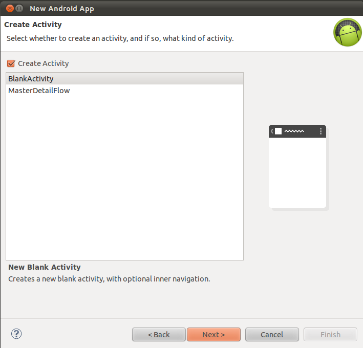 Kind of activity. Create New. Create application for Android. Blank activity. PROGRESSDIALOG Android java.