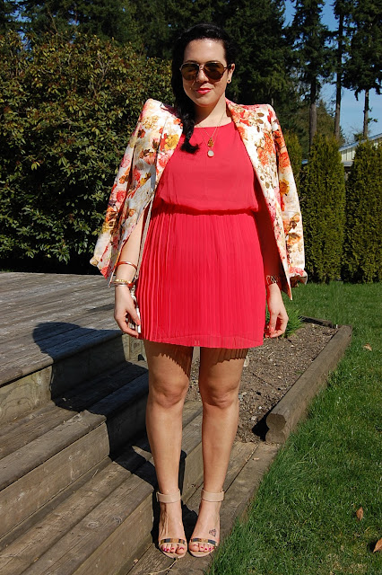 Floral Zara blazer, pleated salmon dress, Sam Edelman Serena sandals and a Coach Legacy bag