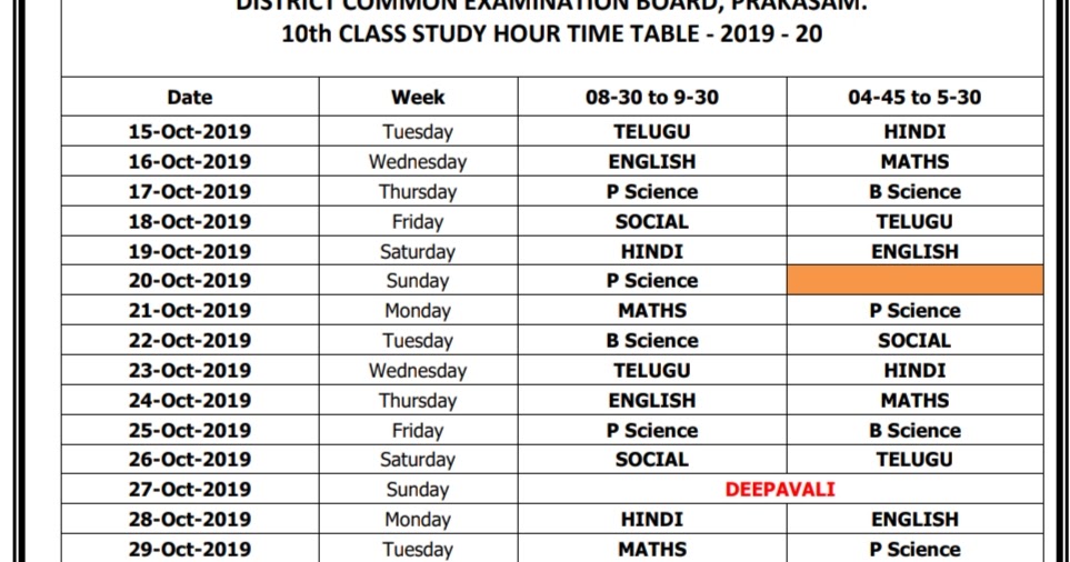 SSC / 10th class 2019 20, Study Hours Time table sheduel