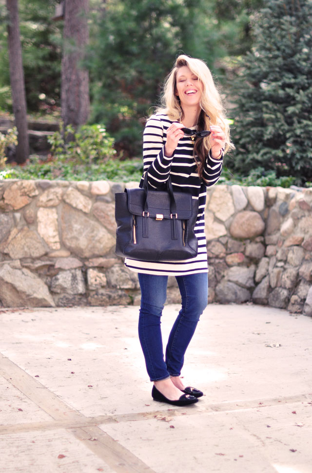 striped shift dress with skinny jeans and loafers