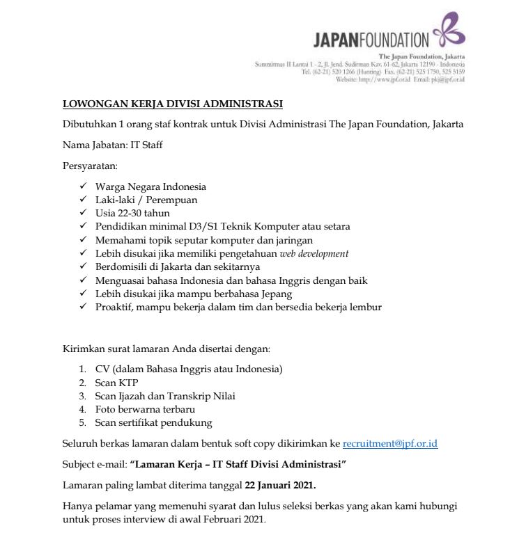 Lowongan Kerja - Japan Foundation Jakarta - 22/01/21 - Event Jepang