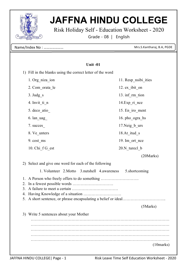 Grade 8_English_2020_COVID 19 Task Work Sheet_J/Jaffna Hindu College