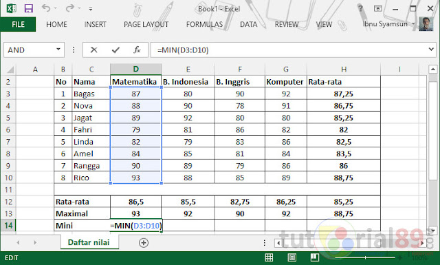 Cara menghitung nilai rata-rata, max dan min di excel