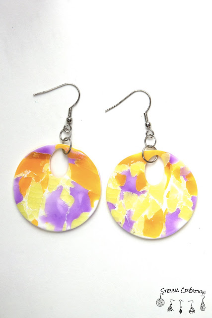 Boucles d'oreilles en pâte polymère Imitation Marbre Violet Jaune Translucent Stenna Création