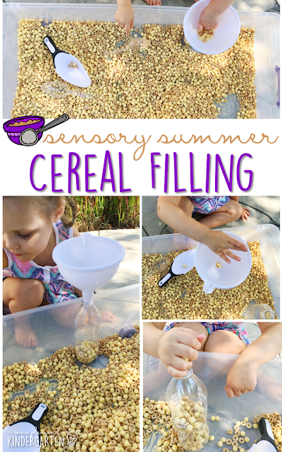 Practice fine motor skills with this cereal filled sensory bin! This is a perfect activity for summer tot school, preschool, or kindergarten!