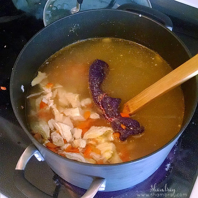 Parsley, peppercorns, bay leaf, thyme, garlic, carrots, onion powder, chicken, egg noodles, salt