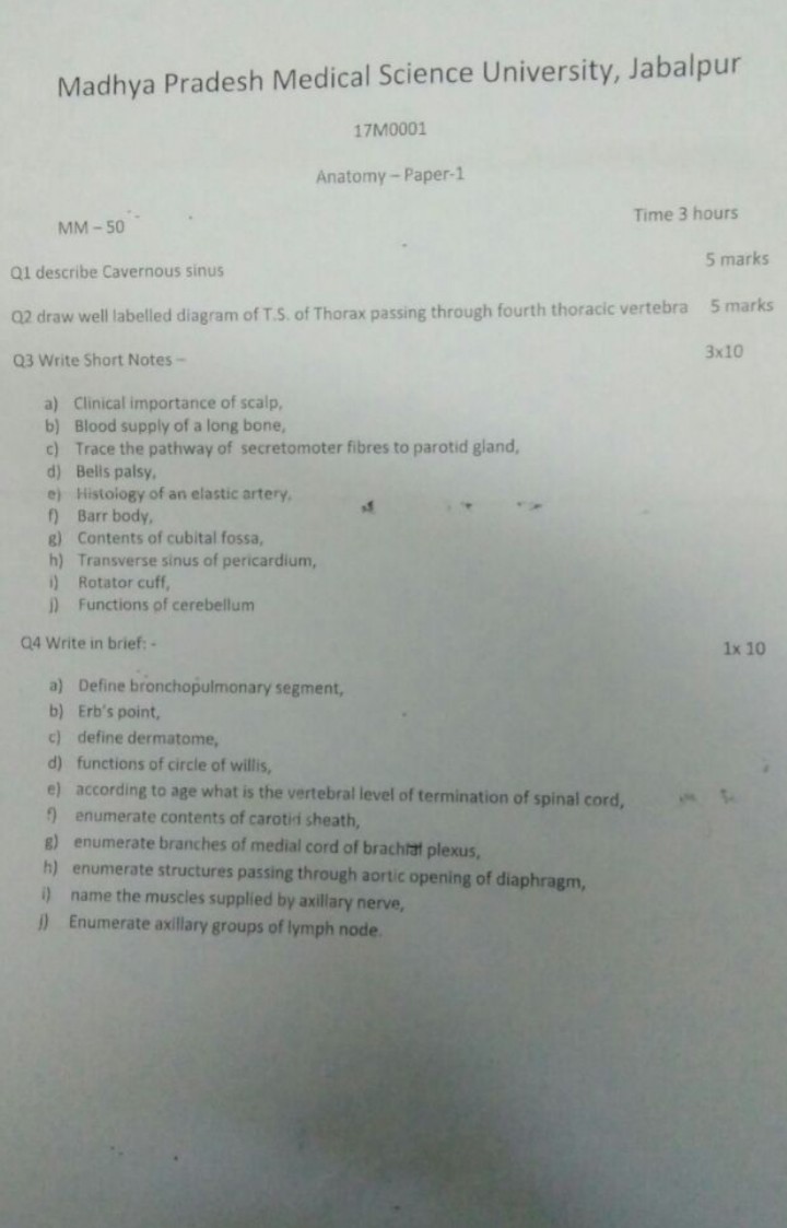 Mbbs 1st Year Anatomy Paper1 Winter 2015 Of The Jabalpur