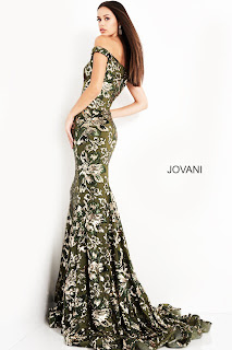 Black/gunmetal color Off The Shoulder Sweetheart Neck Jovani Red Carpet Prom Dress back design