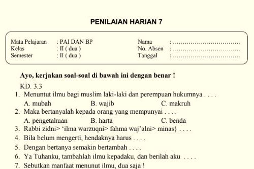 Soal Ulangan Harian Pai Kelas 2 Semester 2 K13