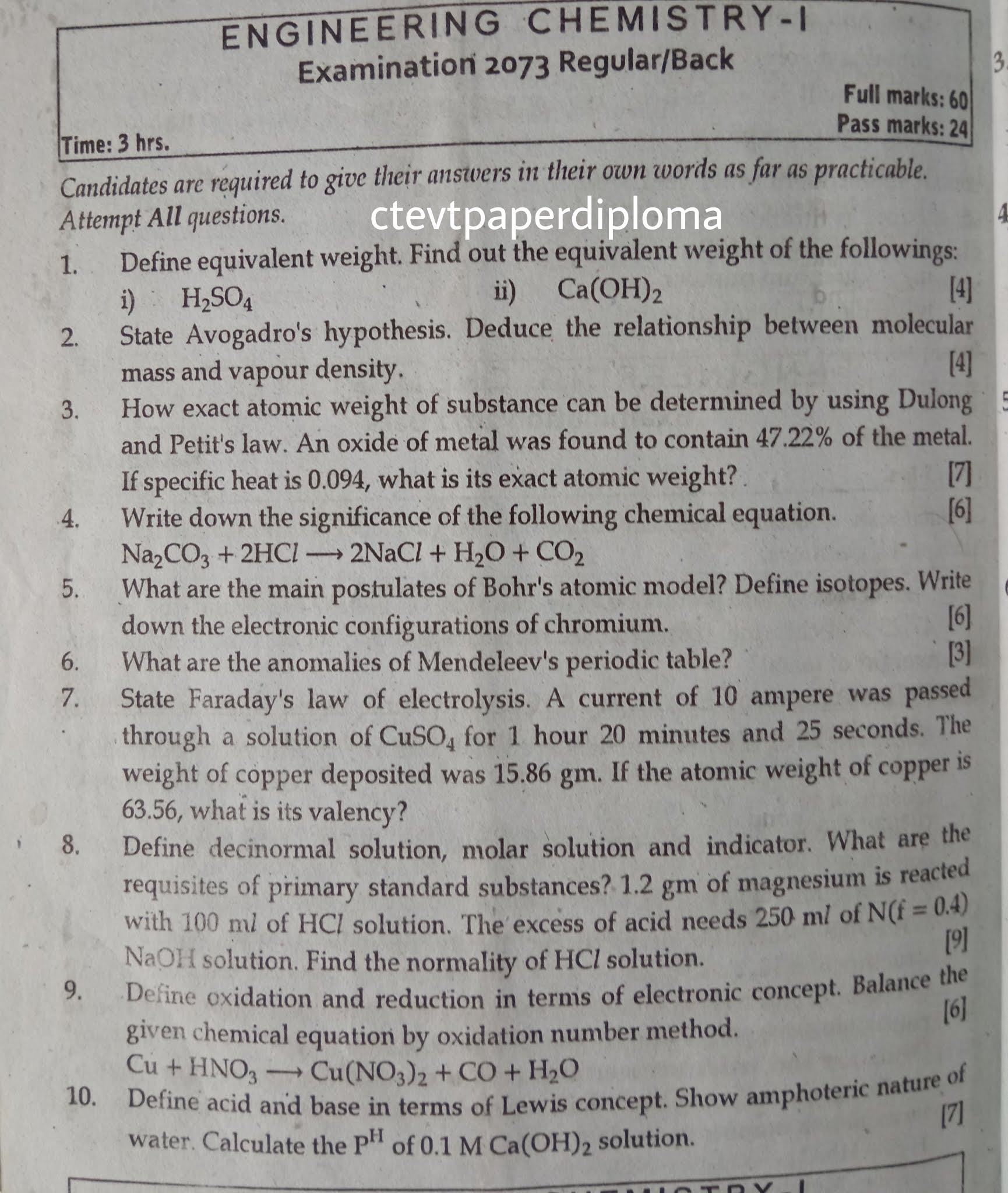 CTEVT Engineering ChemistryI Questions Papers Diploma in