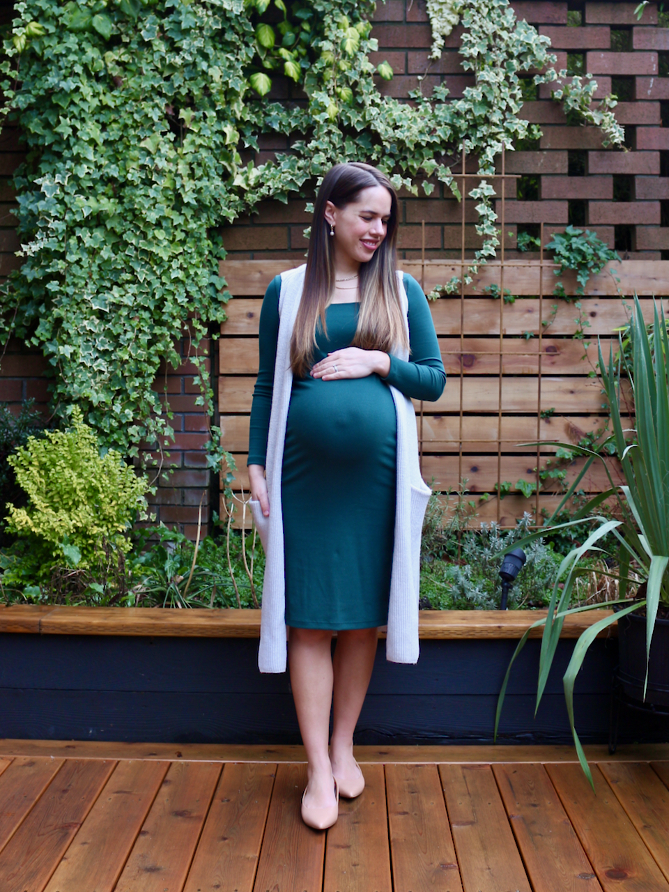 Jules in Flats - Squareneck Ribbed Midi Dress with Duster Vest (Business Casual Workwear on a Budget)