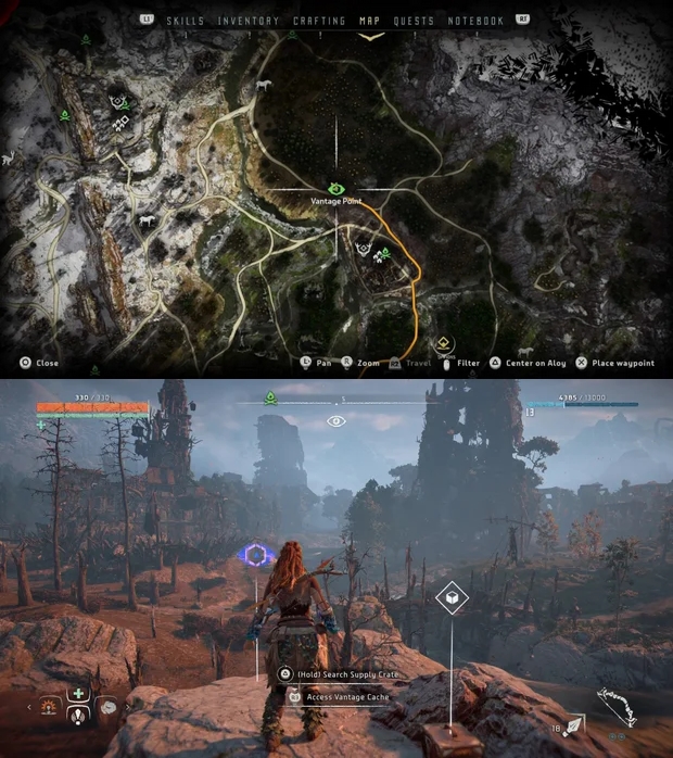 Horizon Zero Dawn localização dos pontos de vantagem