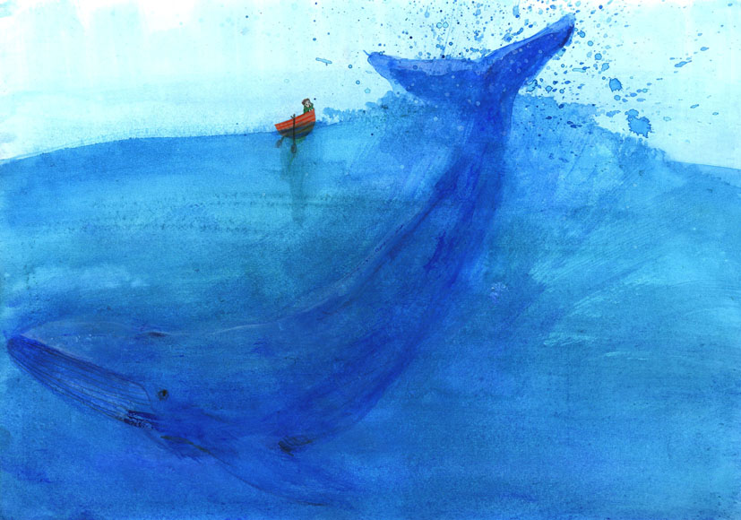 Синий кит рисунок акварелью