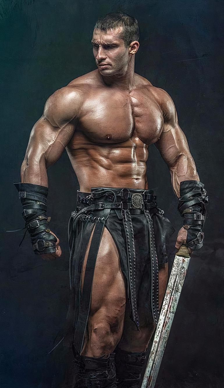 Sexy Male Muscle Hunk Spartan Gladiator Warrior Huge Pecs Shiny Skin