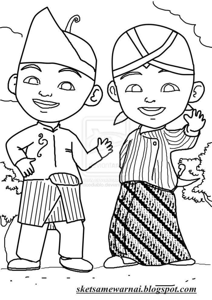 Sketsa Mewarnai Gambar Upin Ipin Baju Adat