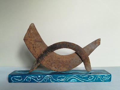sculpture, assemblage, rusted metals, wood, paint, ocean, blue
