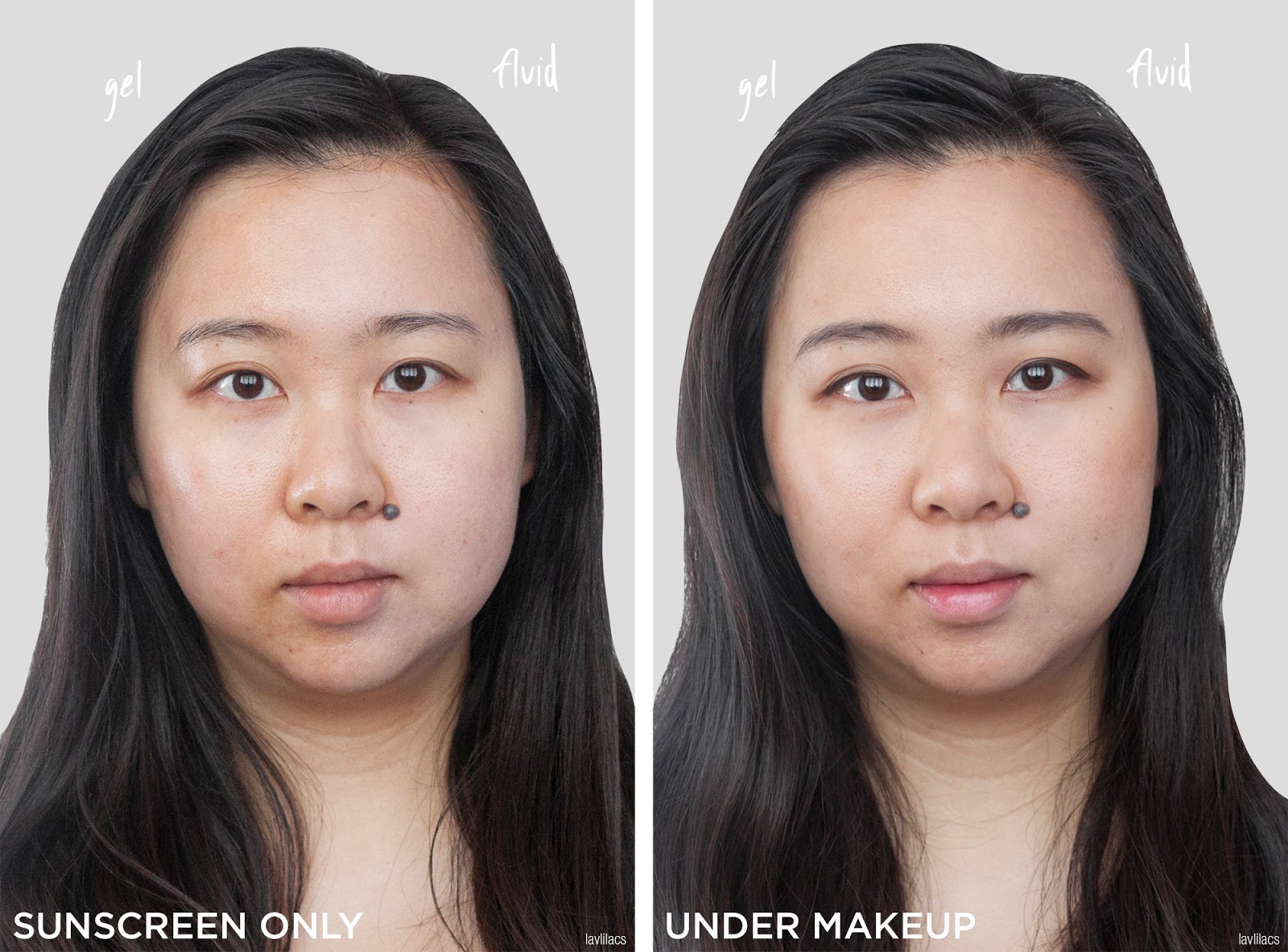 lavlilacs make p:rem UV defense me. Blue ray sun gel & fluid SPF 50+ PA++++ applied