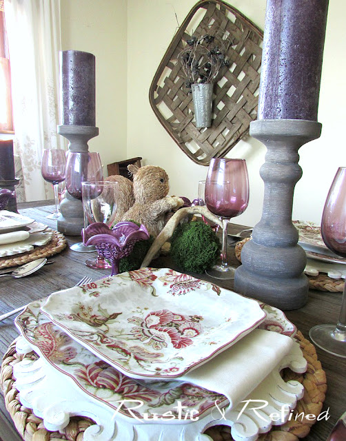 Spring tablescape in the dining room using traditional dishes, color and texture