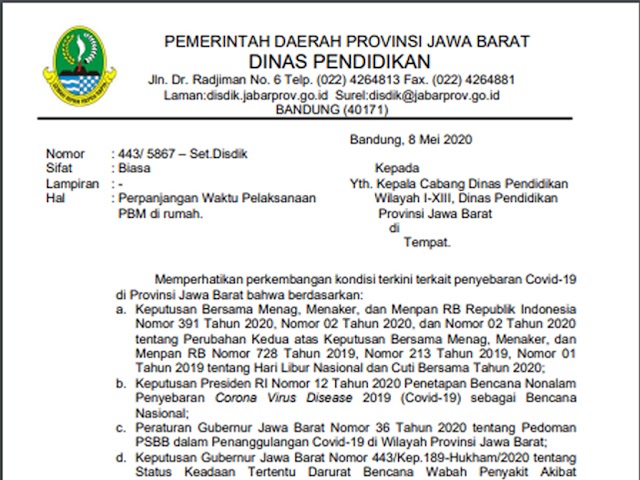 Ini  Jadwal PBM Terbaru dan PPDB 2020 yang Dirilis Disdik Jawa Barat