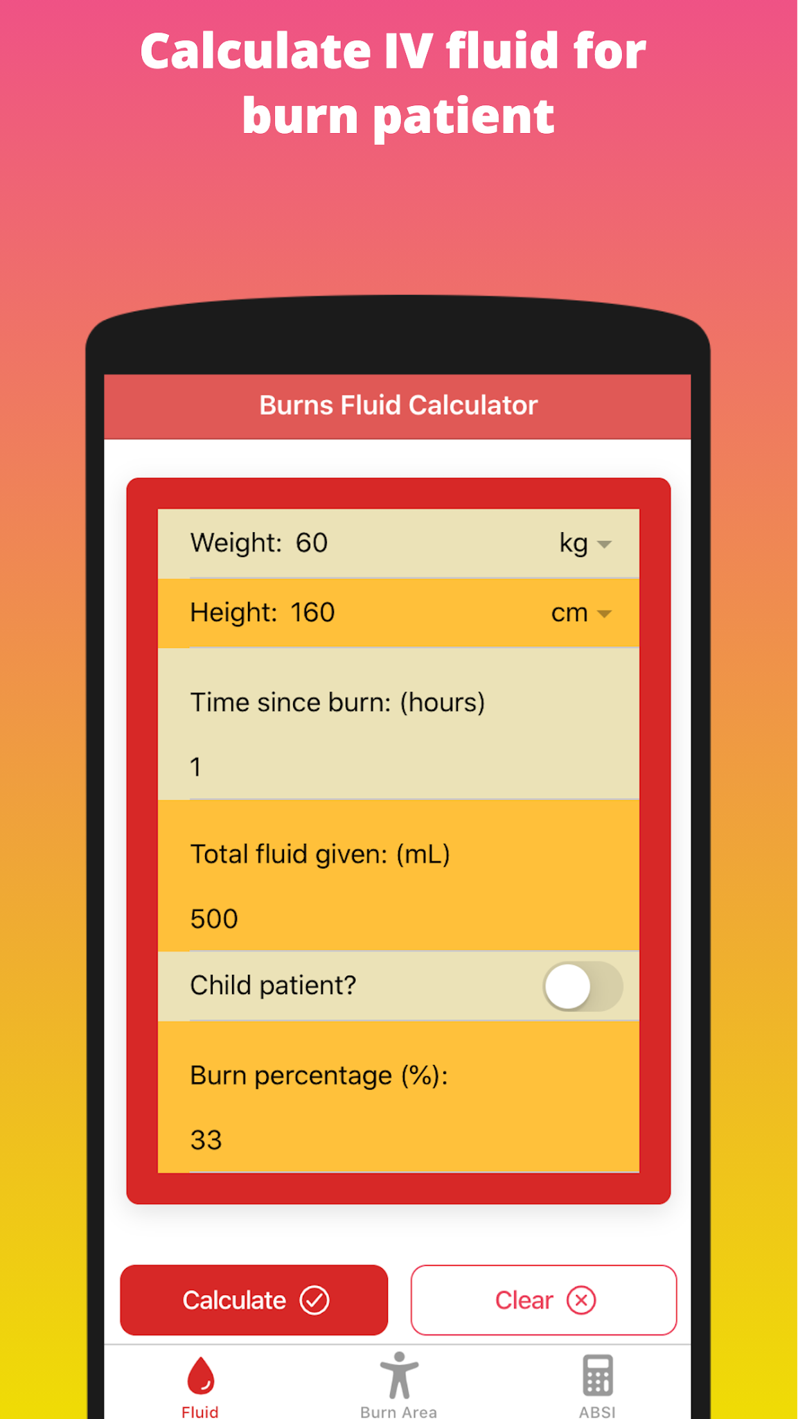 Burns Fluid Calculator Parkland or Baxter Formula iMedical Apps