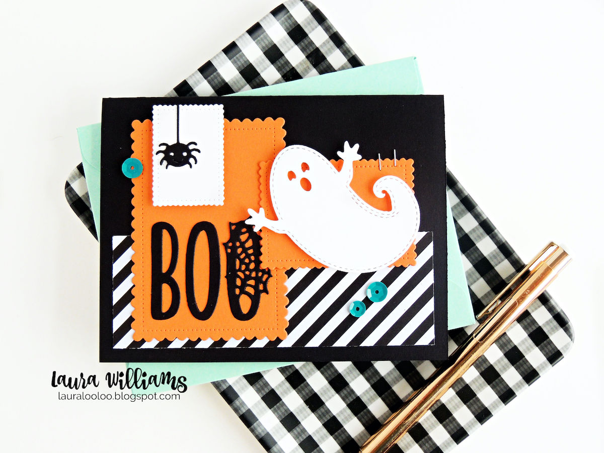 Make a DIY handmade card for Halloween using stamps and dies from Impression Obsession. This spooky and sweet homemade card was created with a die cut ghost and BOO sentiment which are so easy to use. The striped patterned paper is a fun accent, along with teal sequins and mini staples. #cardmaking #halloweencraft #diecutting
