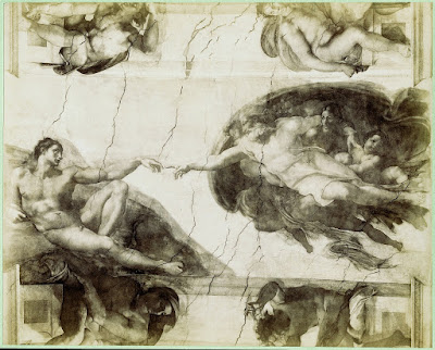 L'OSSESSIONE DELL'ARTISTA PER IL SUO LAVORO Immagine in bianco e nero del dipinto di Michelangelo presso la Cappella Sistina: la creazione.