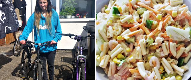 My eldest with her bike and prawn pasta salad