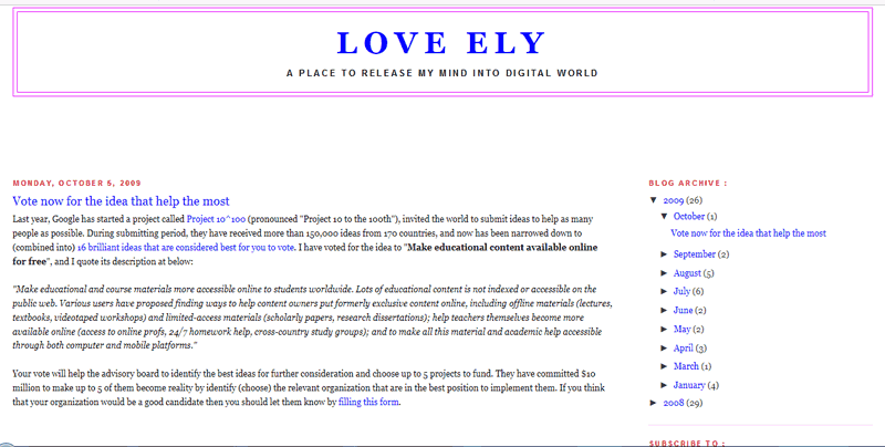 Old screenshot of the Love Ely blog.