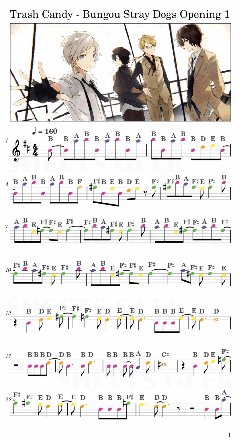 Trash Candy - Bungou Stray Dogs Opening 1 Easy Sheet Music Free for piano, keyboard, flute, violin, sax, cello page 1