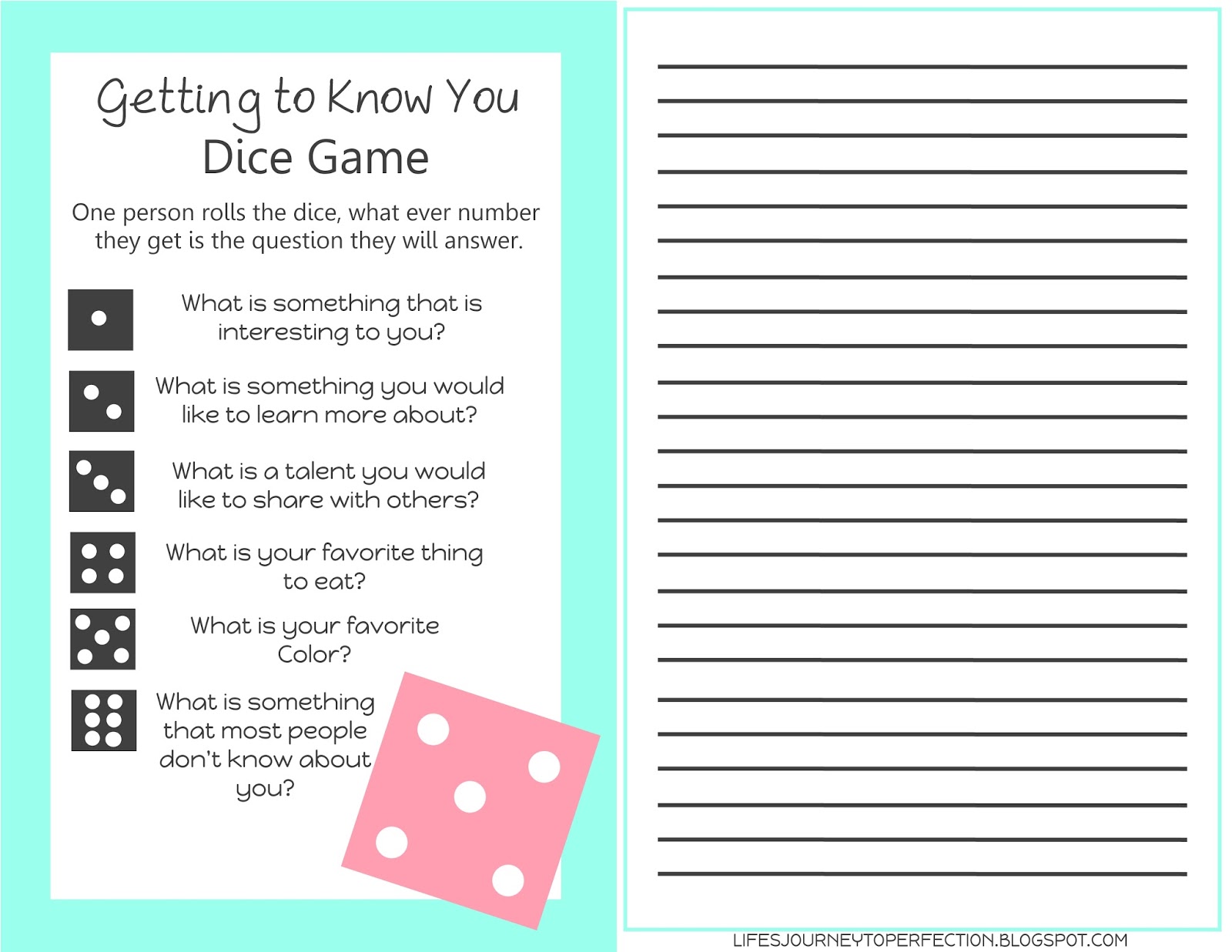 Life's Journey To Perfection: Getting to Know You Dice Game Printable