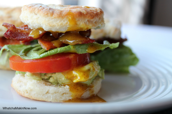 Mini BLT Biscuits - buttery biscuit, honey mustard, bacon, avocado, lettuce, and tomato ---- sooooo good! 