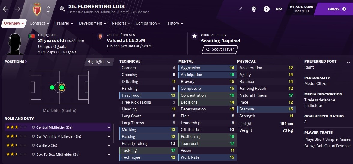 Florentino Luis: Starting Attributes in Football Manager 2021