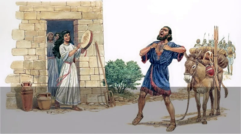 A filha de Jefté sai ao encontro do pai em seu retorno da batalha e Jefté rasga suas vestes por conta do voto que fez a Deus