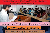 National Institute of Technical Teachers Training & Research Recruitment 2017– 31 Technician, Personal Assistant