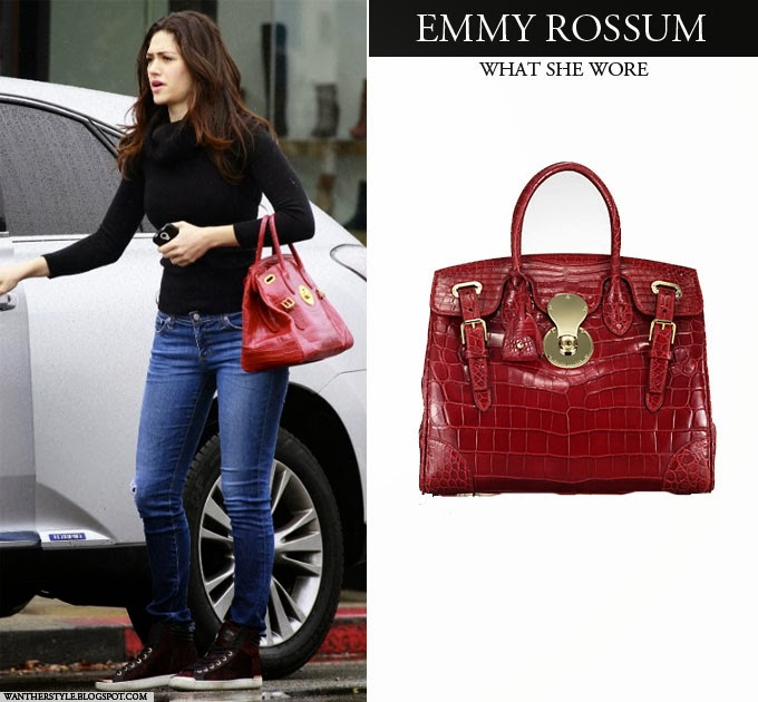 WHAT SHE WORE: Emmy Rossum with red leather alligator bag in Los