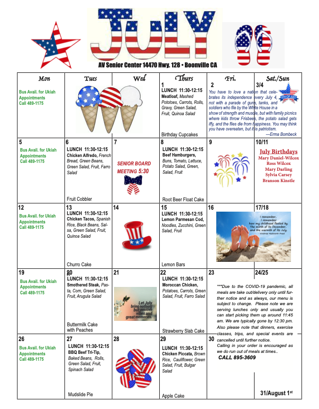 Anderson Valley Senior Center July's Menu