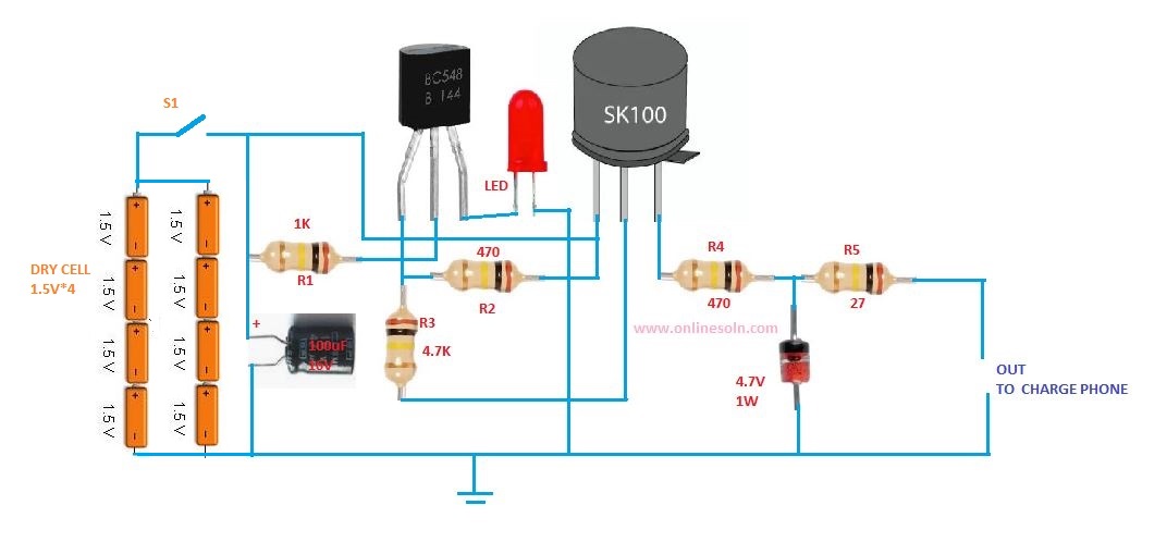 Phone charger using 4 dry cell | circuit diagram