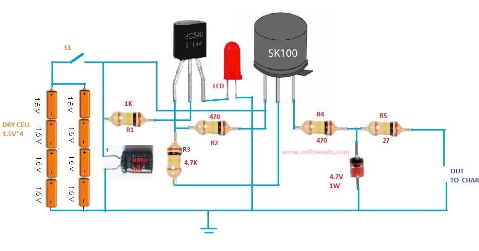 Phone charger using 4 dry cell | circuit diagram