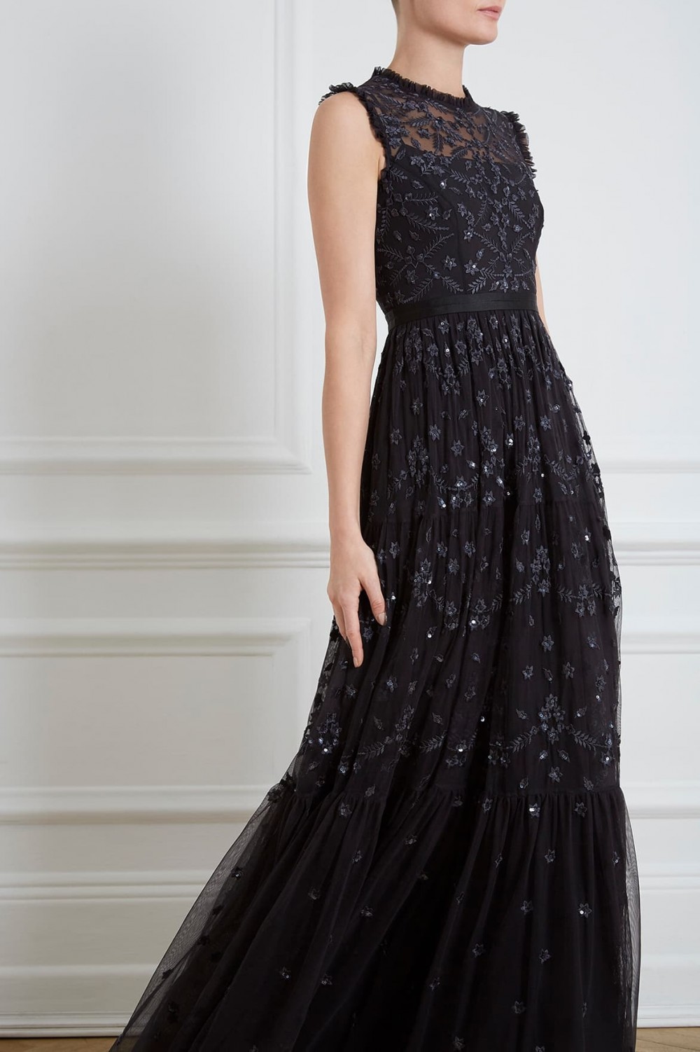 needle & thread embroidered lace maxi gown with high neck in graphite
